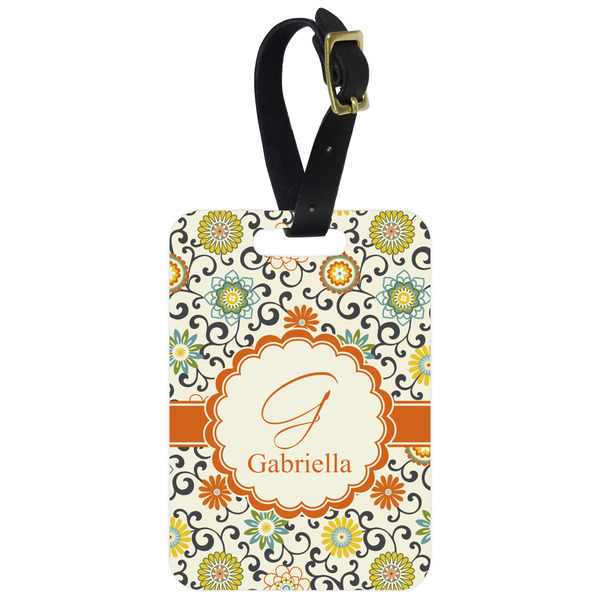 Custom Swirls & Floral Metal Luggage Tag w/ Name and Initial