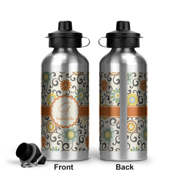 Swirls & Floral Aluminum Water Bottle - Front and Back