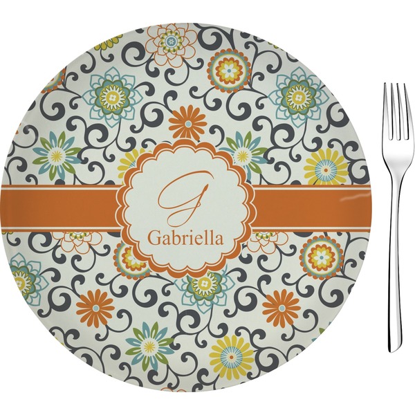 Custom Swirls & Floral Glass Appetizer / Dessert Plate 8" (Personalized)