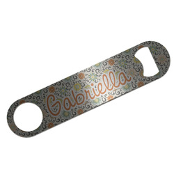 Swirls & Floral Bar Bottle Opener - Silver w/ Name and Initial