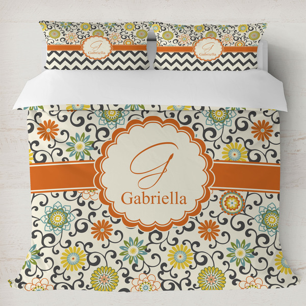 Custom Swirls & Floral Duvet Cover Set - King (Personalized)