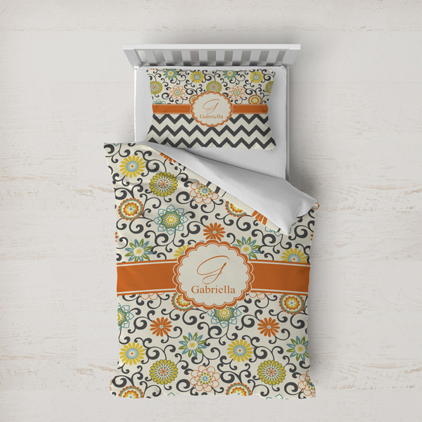 Custom Swirls & Floral Duvet Cover Set - Twin XL (Personalized)