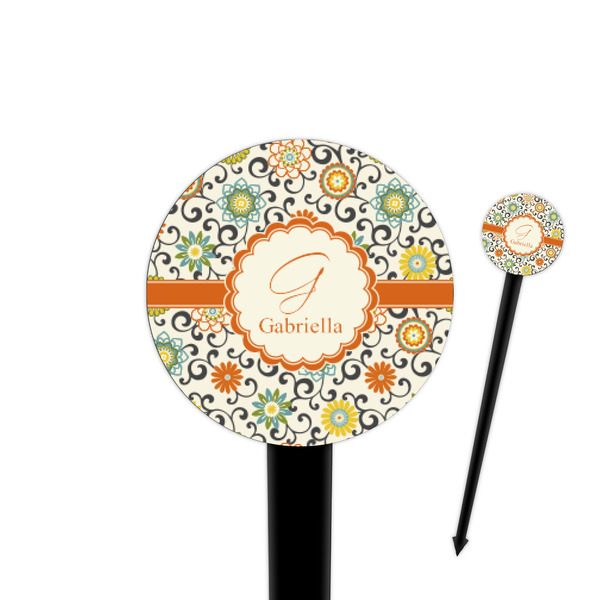 Custom Swirls & Floral 4" Round Plastic Food Picks - Black - Single Sided (Personalized)