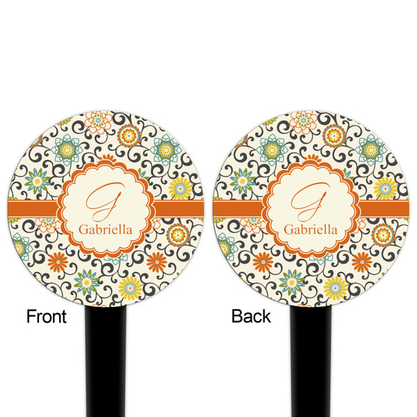 Swirls & Floral Black Plastic 4" Food Pick - Round - Double Sided - Front & Back