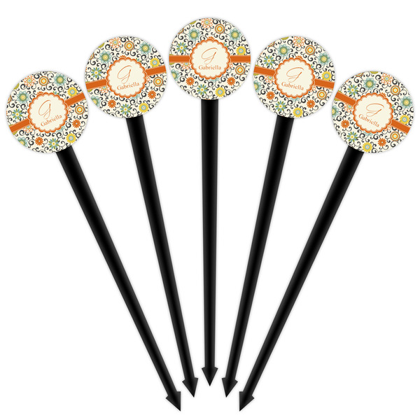 Swirls & Floral Black Plastic 4" Food Pick - Round - Fan View