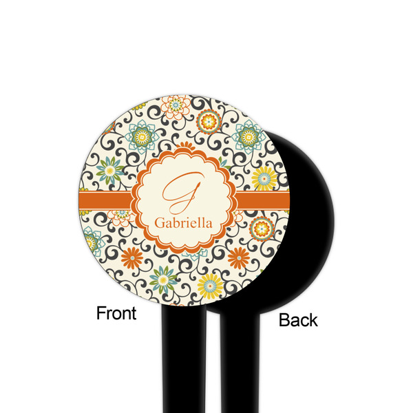 Swirls & Floral Black Plastic 4" Food Pick - Round - Single Sided - Front & Back