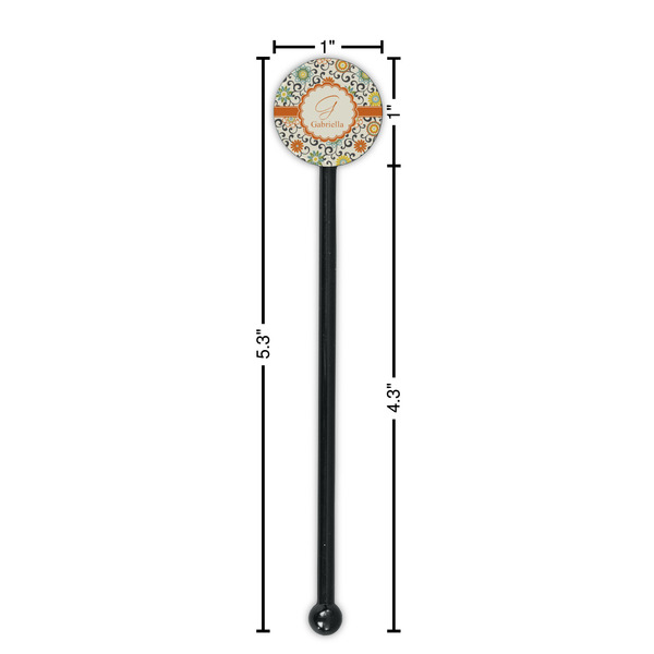 Swirls & Floral Black Plastic 5.5" Stir Stick - Round - Dimensions