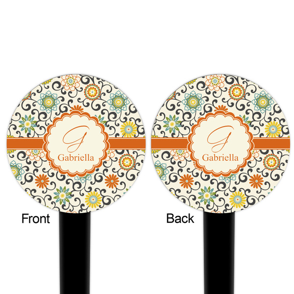 Swirls & Floral Black Plastic 6" Food Pick - Round - Double Sided - Front & Back