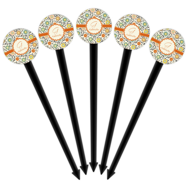 Swirls & Floral Black Plastic 6" Food Pick - Round - Fan View