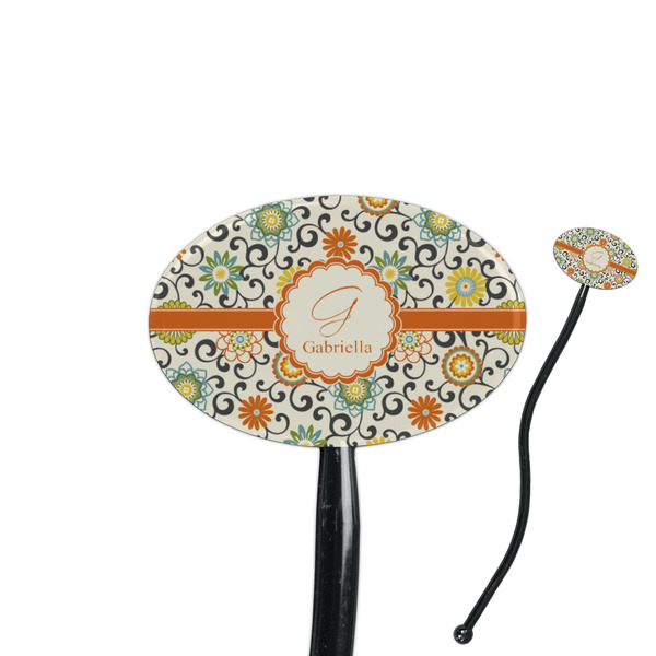 Custom Swirls & Floral 7" Oval Plastic Stir Sticks - Black - Single Sided (Personalized)