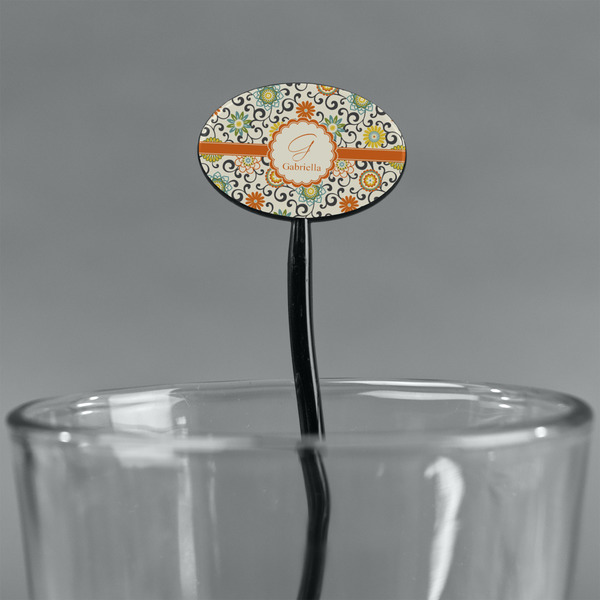 Swirls & Floral Black Plastic 7" Stir Stick - Oval - Main