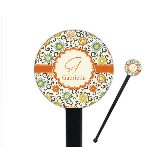 Custom Swirls & Floral 7" Round Plastic Stir Sticks - Black - Double Sided (Personalized)