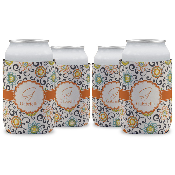 Custom Swirls & Floral Can Cooler (12 oz) - Set of 4 w/ Name and Initial