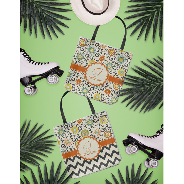 Swirls & Floral Canvas Tote Lifestyle Front and Back- 13x13