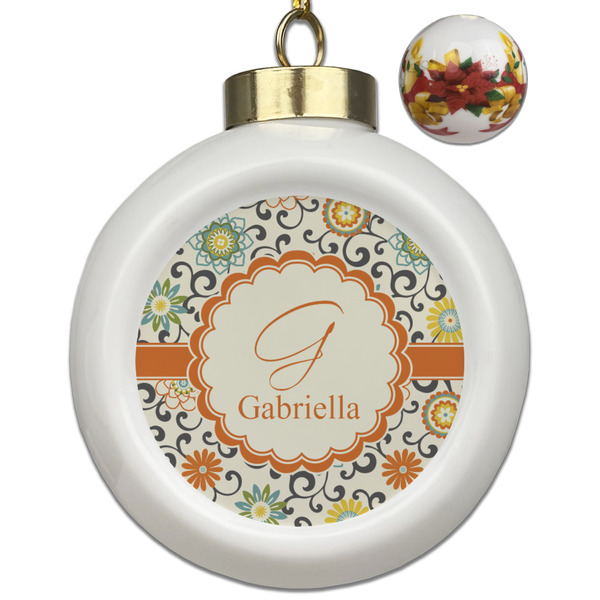 Custom Swirls & Floral Ceramic Ball Ornaments - Poinsettia Garland (Personalized)