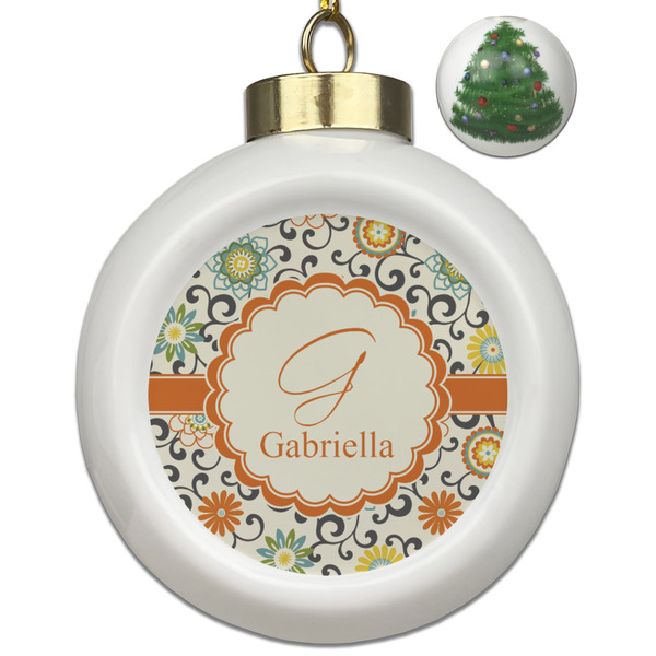 Custom Swirls & Floral Ceramic Ball Ornament - Christmas Tree (Personalized)