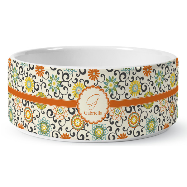 Swirls & Floral Ceramic Dog Bowl - Medium - Front