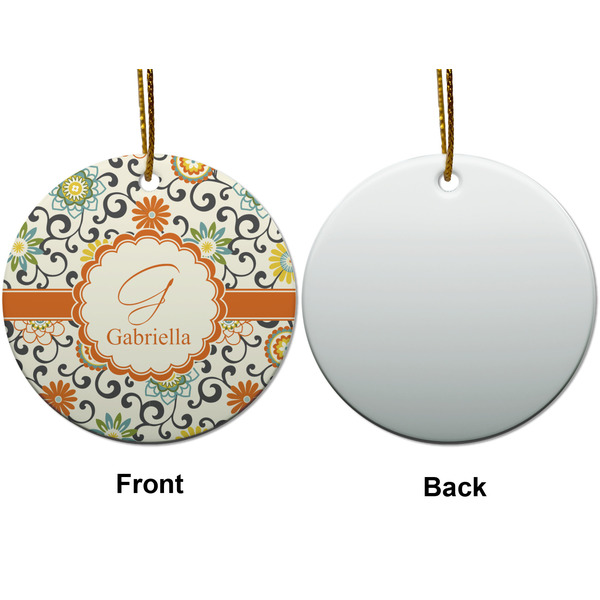 Swirls & Floral Ceramic Flat Ornament - Circle Front & Back (APPROVAL)