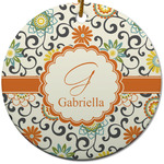 Swirls & Floral Round Ceramic Ornament w/ Name and Initial