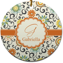 Swirls & Floral Round Ceramic Ornament w/ Name and Initial