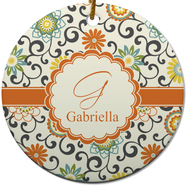Custom Swirls & Floral Round Ceramic Ornament w/ Name and Initial