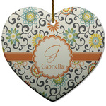 Swirls & Floral Heart Ceramic Ornament w/ Name and Initial