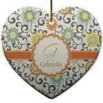 Swirls & Floral Heart Ceramic Ornament w/ Name and Initial