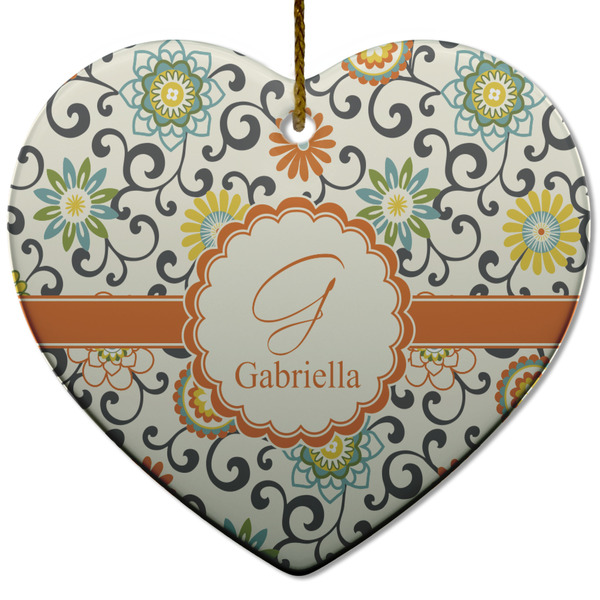 Swirls & Floral Ceramic Flat Ornament - Heart (Front)