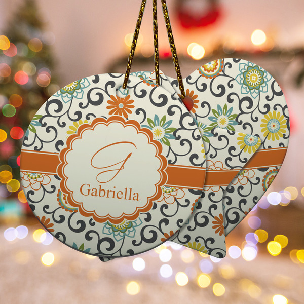 Custom Swirls & Floral Ceramic Ornament w/ Name and Initial