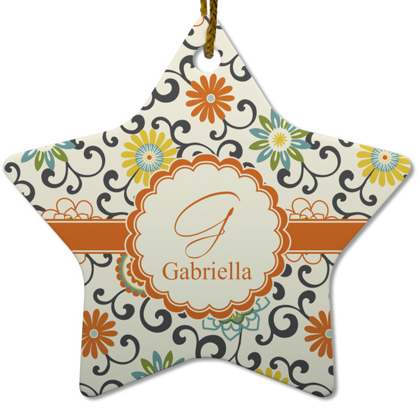 Custom Swirls & Floral Star Ceramic Ornament w/ Name and Initial