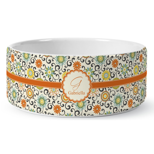 Custom Swirls & Floral Ceramic Dog Bowl - Medium (Personalized)
