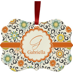 Swirls & Floral Metal Frame Ornament - Double Sided w/ Name and Initial