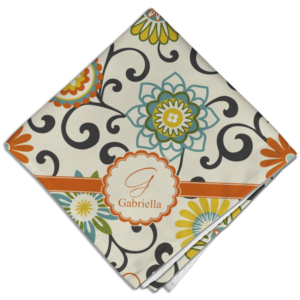 Custom Swirls & Floral Cloth Dinner Napkin - Single w/ Name and Initial