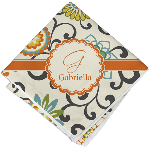Custom Swirls & Floral Cloth Cocktail Napkin - Single w/ Name and Initial