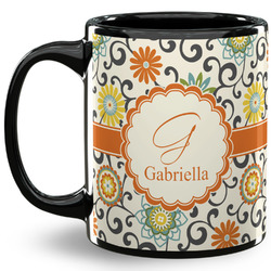 Swirls & Floral 11 Oz Coffee Mug - Black (Personalized)
