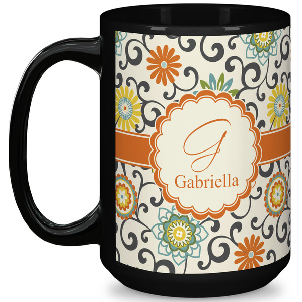 Custom Swirls & Floral 15 Oz Coffee Mug - Black (Personalized)