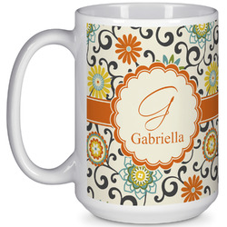 Swirls & Floral 15 Oz Coffee Mug - White (Personalized)