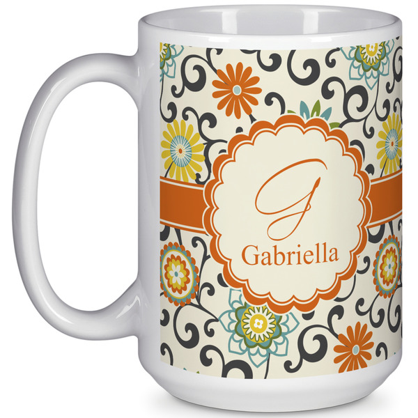 Custom Swirls & Floral 15 Oz Coffee Mug - White (Personalized)