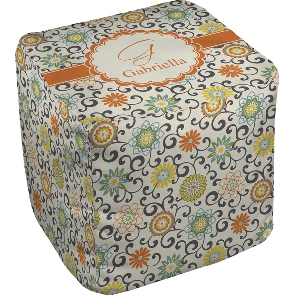 Custom Swirls & Floral Cube Pouf Ottoman - 13" (Personalized)