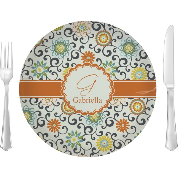 Custom Swirls & Floral Glass Lunch / Dinner Plate 10" (Personalized)