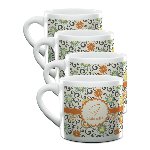 Custom Swirls & Floral Double Shot Espresso Cups - Set of 4 (Personalized)