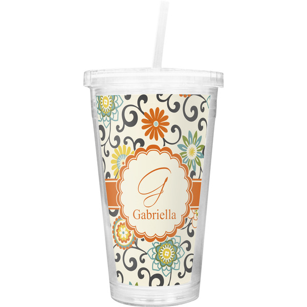 Custom Swirls & Floral Double Wall Tumbler with Straw (Personalized)