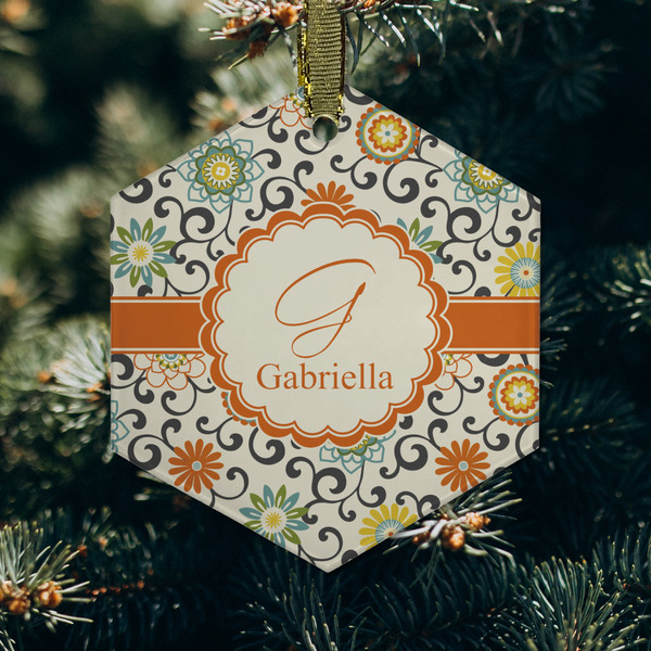 Swirls & Floral Frosted Glass Ornament - Hexagon (Lifestyle)