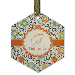 Swirls & Floral Flat Glass Ornament - Hexagon w/ Name and Initial