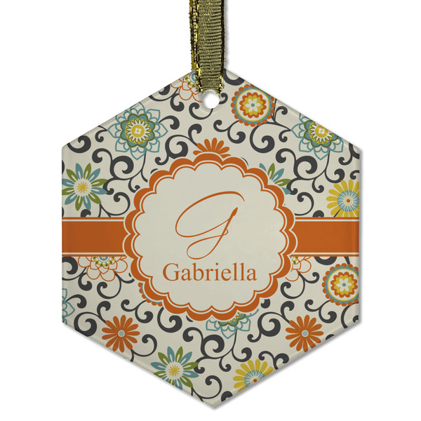Custom Swirls & Floral Flat Glass Ornament - Hexagon w/ Name and Initial