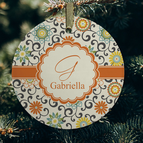 Swirls & Floral Frosted Glass Ornament - Round (Lifestyle)