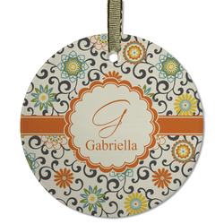 Swirls & Floral Flat Glass Ornament - Round w/ Name and Initial
