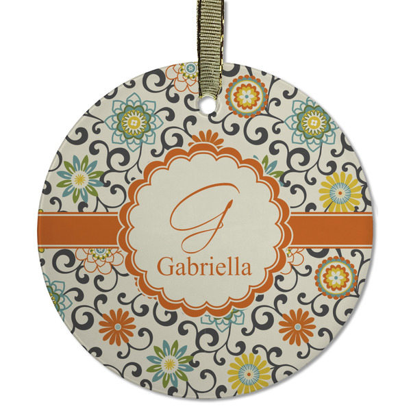 Custom Swirls & Floral Flat Glass Ornament - Round w/ Name and Initial