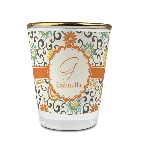 Swirls & Floral Glass Shot Glass - With gold rim - FRONT