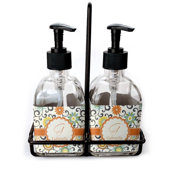 Custom Swirls & Floral Glass Soap & Lotion Bottle Set (Personalized)